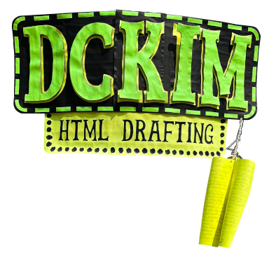 DCKIM HTML Drafting. This sign was placed on community sign-posting boards along Yonge Street, in North York, in Toronto in the summer of 2025. Large "DCKIM" above; Smaller "HTML Drafting" below. An open letter is dangling by strings on the right. It blows in the wind and the strings are twisted around. Below are many advertisements from the community.