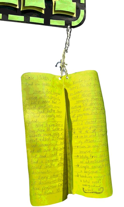 A hanging Open-Letter strung by threads from the DCKIM sign near the OWL Meat-shop on Yonge Street in North York.